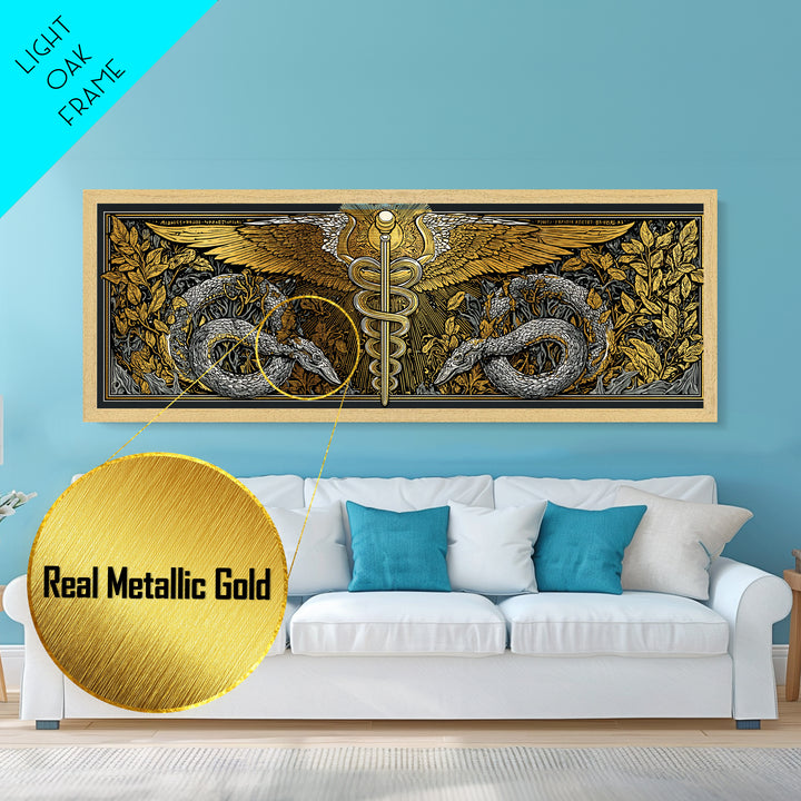 Caduceus With Serpents, Mythological Healing Symbol Decorative Wall Artwork, Metallic Gold Metal Print, Real Wood Frame Decor