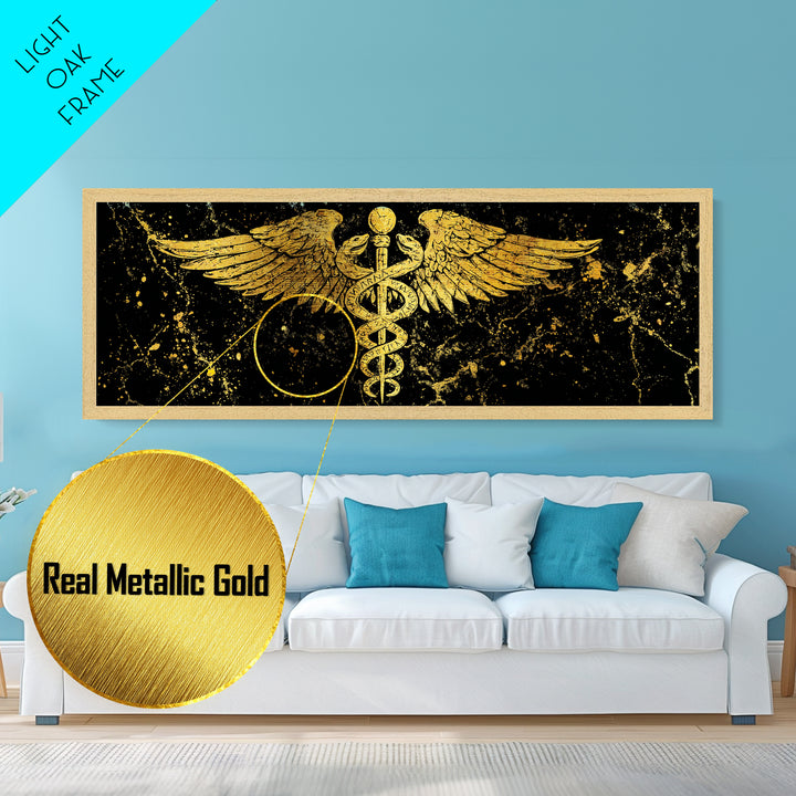 Ancient Caduceus Symbol, Winged Serpent Staff Mythological Artwork, Metallic Gold Metal Print, Real Wood Frame Wall Decor