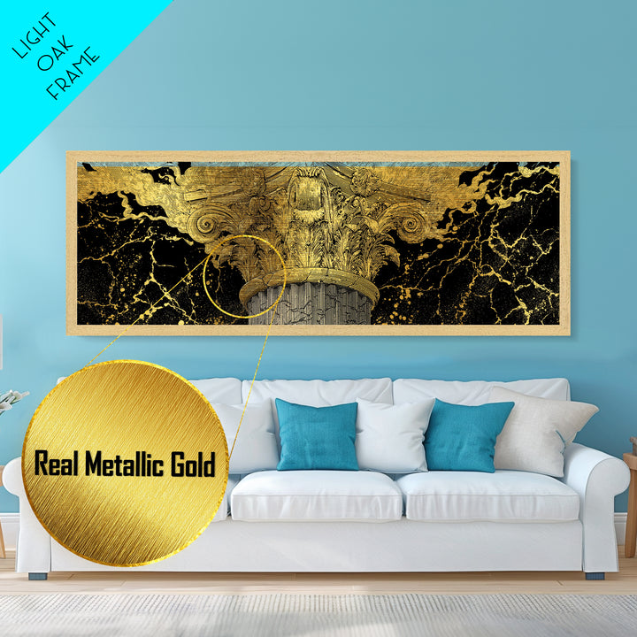 Classical Corinthian Column, Ancient Pillar Decorative Architectural Artwork, Metallic Gold Metal Print, Real Wood Frame Wall Art