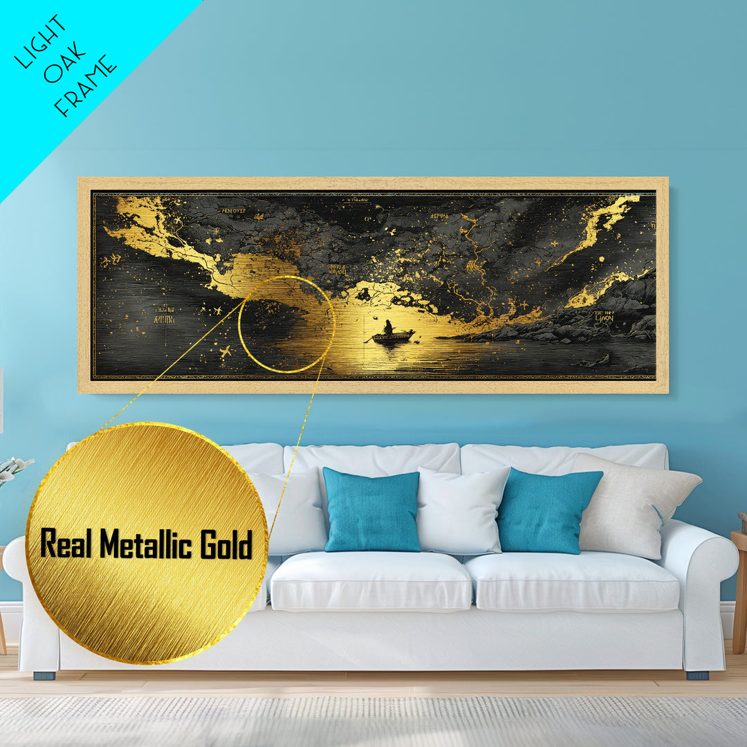 Celestial Map Artwork, Mythological Constellation And Ancient Sky Design, Metallic Gold Metal Print, Real Wood Frame Wall Decor
