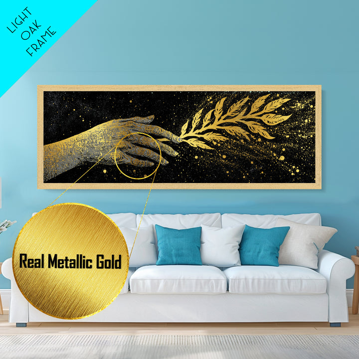 Hand With Olive Branch, Mythological Symbol Of Peace Decorative Wall Artwork, Metallic Gold Metal Print, Real Wood Frame Wall Art