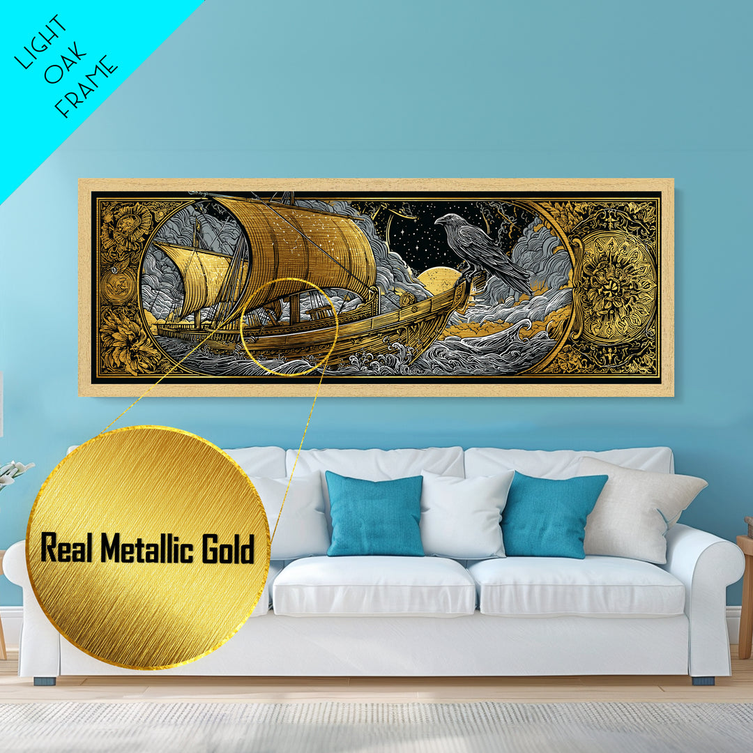 Ancient Sailing Ship, Mythological Vessel With Raven Decorative Wall Artwork, Metallic Gold Metal Print, Real Wood Frame Wall Decor