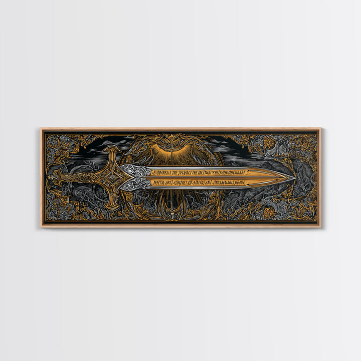 Ornate Mythological Sword, Decorative Ancient Weapon Symbolic Wall Artwork, Gold Canvas Print, Real Wood Frame Wall Decor