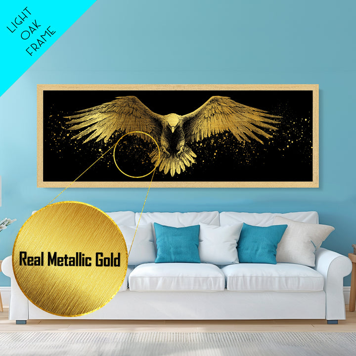 Golden Eagle In Flight, Regal Mythological Bird Wall Decor, Metallic Gold Metal Print, Real Wood Frame Art