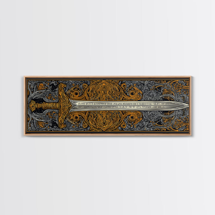 Epic Ancient Sword, Mythological Weapon Of Power Decorative Wall Artwork, Gold Canvas Print, Real Wood Frame Wall Decor
