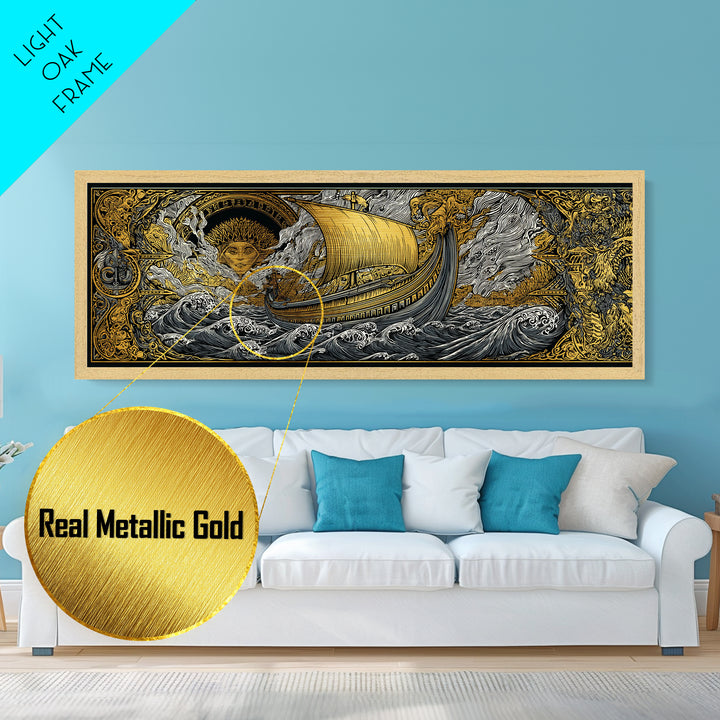 Mythological Sun Face And Ancient Ship, Epic Sea Voyage Decorative Wall Artwork, Metallic Gold Metal Print, Real Wood Frame Decor