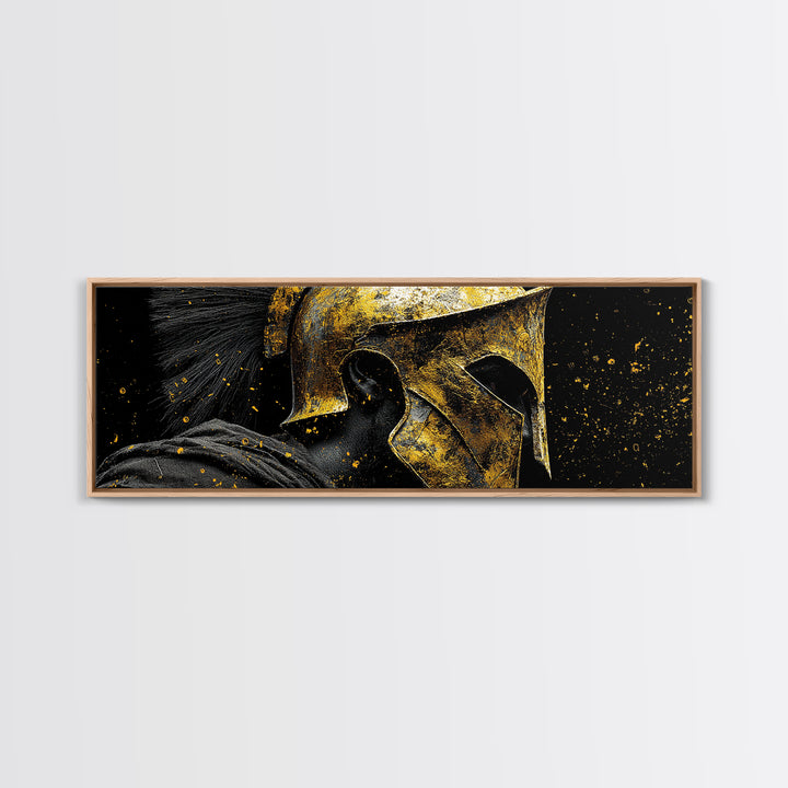 Spartan Warrior Helmet, Ancient Greek Mythological Armor Decorative Artwork, Gold Canvas Print, Real Wood Frame Wall Art