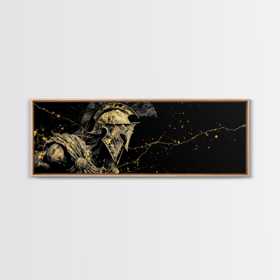 Detailed Spartan Warrior Helmet, Ancient Greek Mythological Armor Decorative Artwork, Gold Canvas Print, Real Wood Frame Art