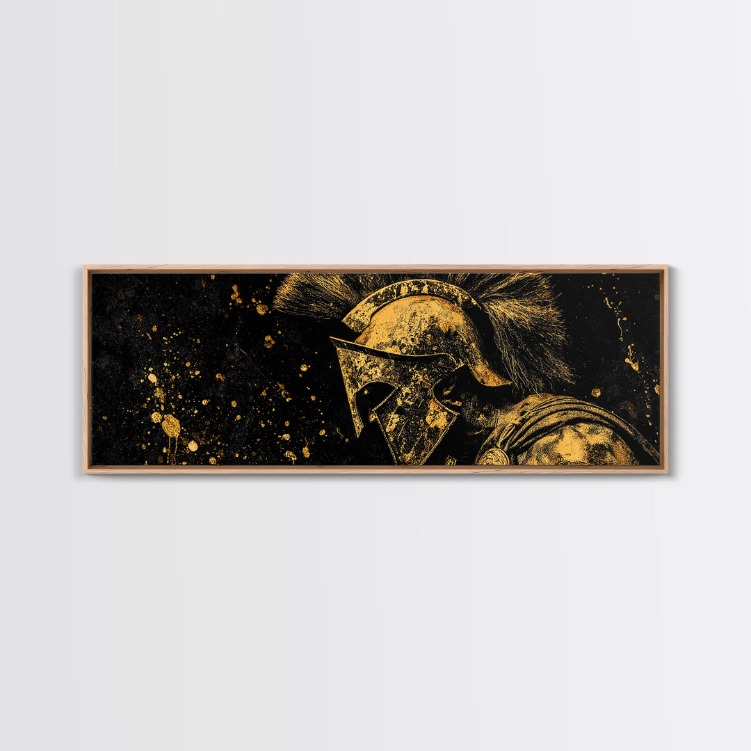 Spartan Helmet Portrait, Ancient Greek Warrior Symbol Of Strength Decorative Artwork, Gold Canvas Print, Real Wood Frame Art