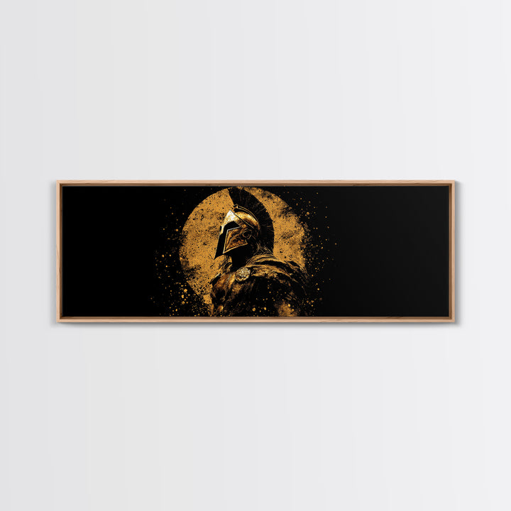 Heroic Spartan Warrior, Ancient Greek Mythological Armor Symbol Decorative Artwork, Gold Canvas Print, Real Wood Frame Wall Art