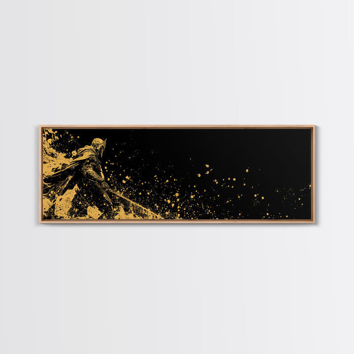Spartan Warrior Battle Pose, Ancient Greek Hero With Sword Decorative Wall Artwork, Gold Canvas Print, Real Wood Frame Decor