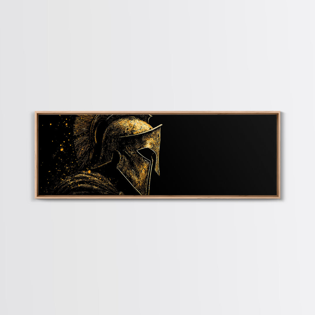 Spartan Helmet Profile, Ancient Greek Mythological Warrior Armor Decorative Artwork, Gold Canvas Print, Real Wood Frame Wall Art