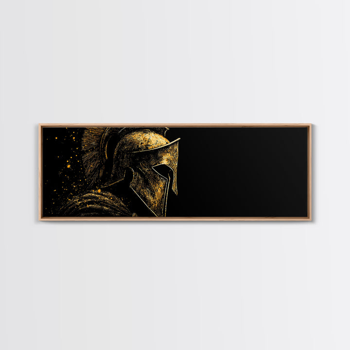Spartan Helmet Profile, Ancient Greek Mythological Warrior Armor Decorative Artwork, Gold Canvas Print, Real Wood Frame Wall Art