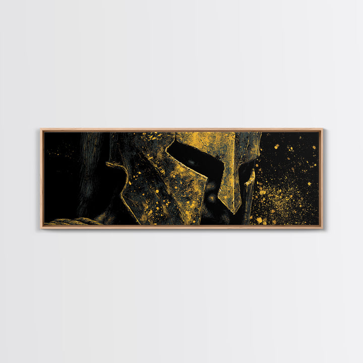 Spartan Warrior Close Up, Ancient Greek Helmet Portrait Decorative Wall Artwork, Gold Canvas Print, Real Wood Frame Decor