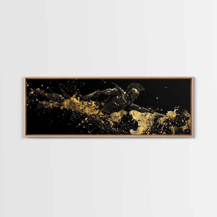 Spartan Warrior Leaping, Ancient Greek Heroic Battle Scene Decorative Wall Artwork, Gold Canvas Print, Real Wood Frame Decor