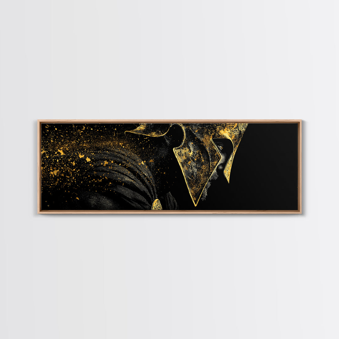 Spartan Helmet Side View, Mythological Greek Warrior Armor Decorative Wall Artwork, Gold Canvas Print, Real Wood Frame Art