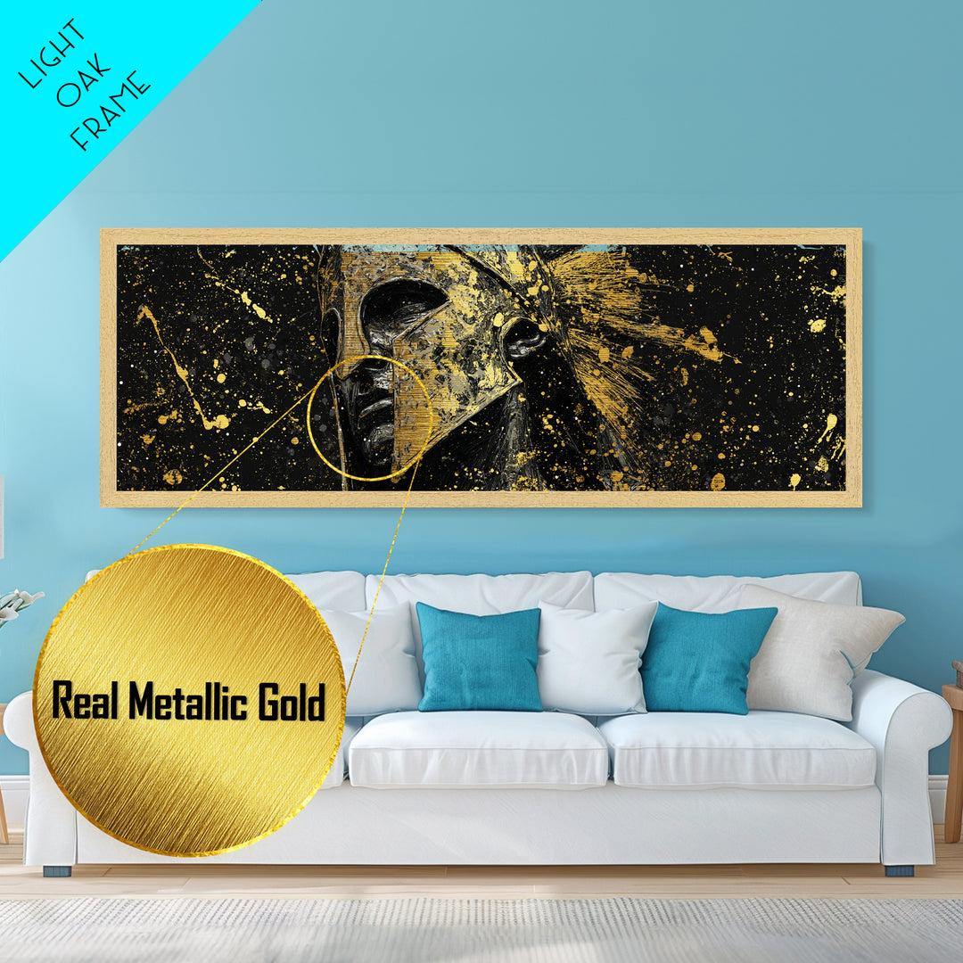 Spartan Helmet And Graffiti, Mythological Greek Warrior Decorative Wall Artwork, Metallic Gold Metal Print, Real Wood Frame Wall Art