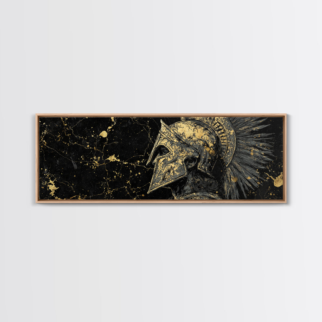 Greek Helmet Portrait, Ancient Spartan Mythological Warrior Decorative Artwork, Gold Canvas Print, Real Wood Frame Wall Decor