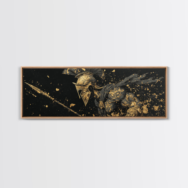 Spartan Helmet Detailed Profile, Ancient Greek Warrior Decorative Wall Artwork, Gold Canvas Print, Real Wood Frame Wall Decor