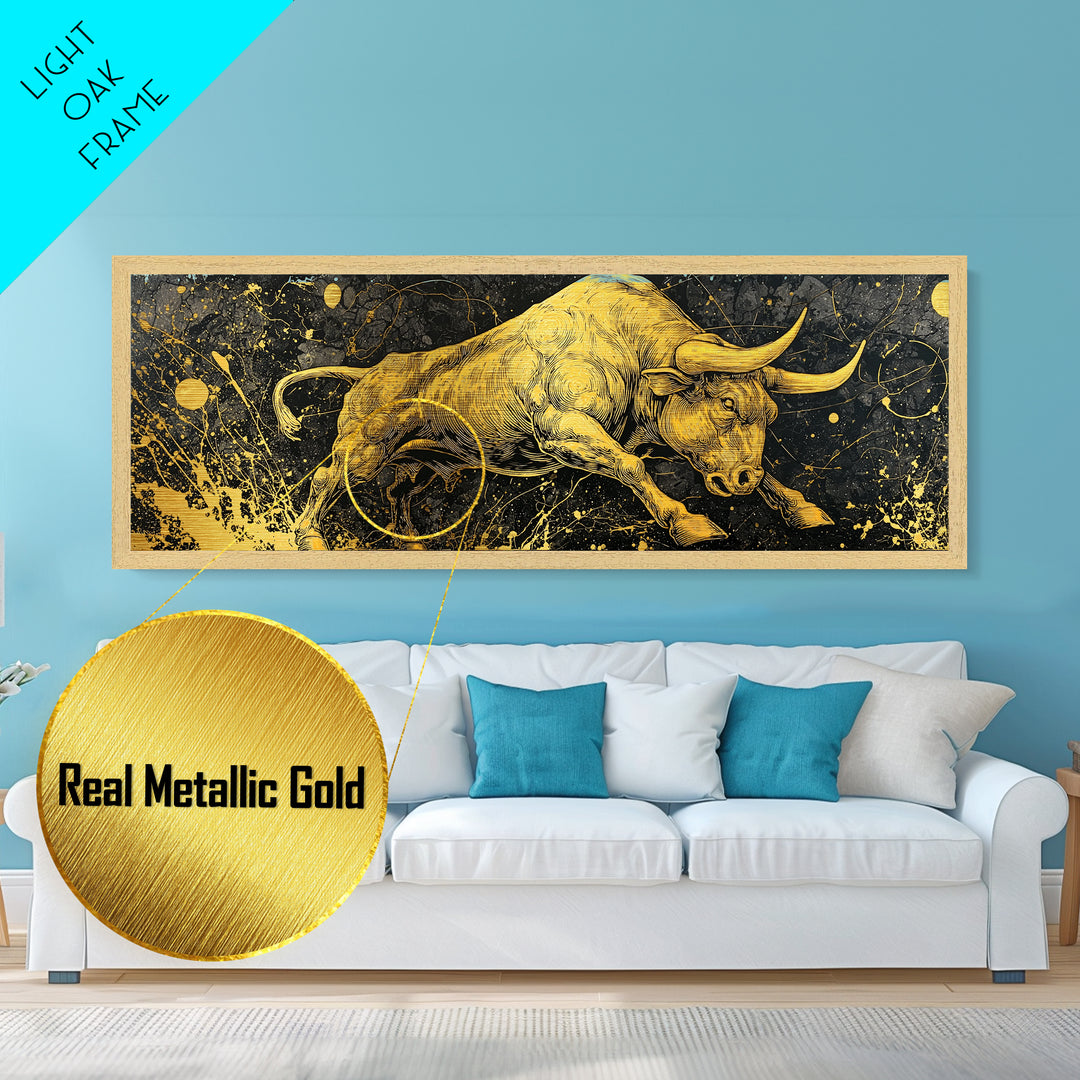 Charging Bull Artwork, Mythical Strength And Power Wall Decor, Metallic Gold Metal Print, Real Wood Frame Art