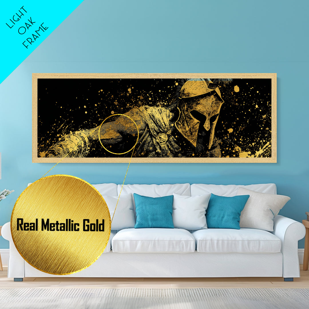 Greek Warrior With Spear, Ancient Spartan Battle Scene Decorative Wall Artwork, Metallic Gold Metal Print, Real Wood Frame Wall Art