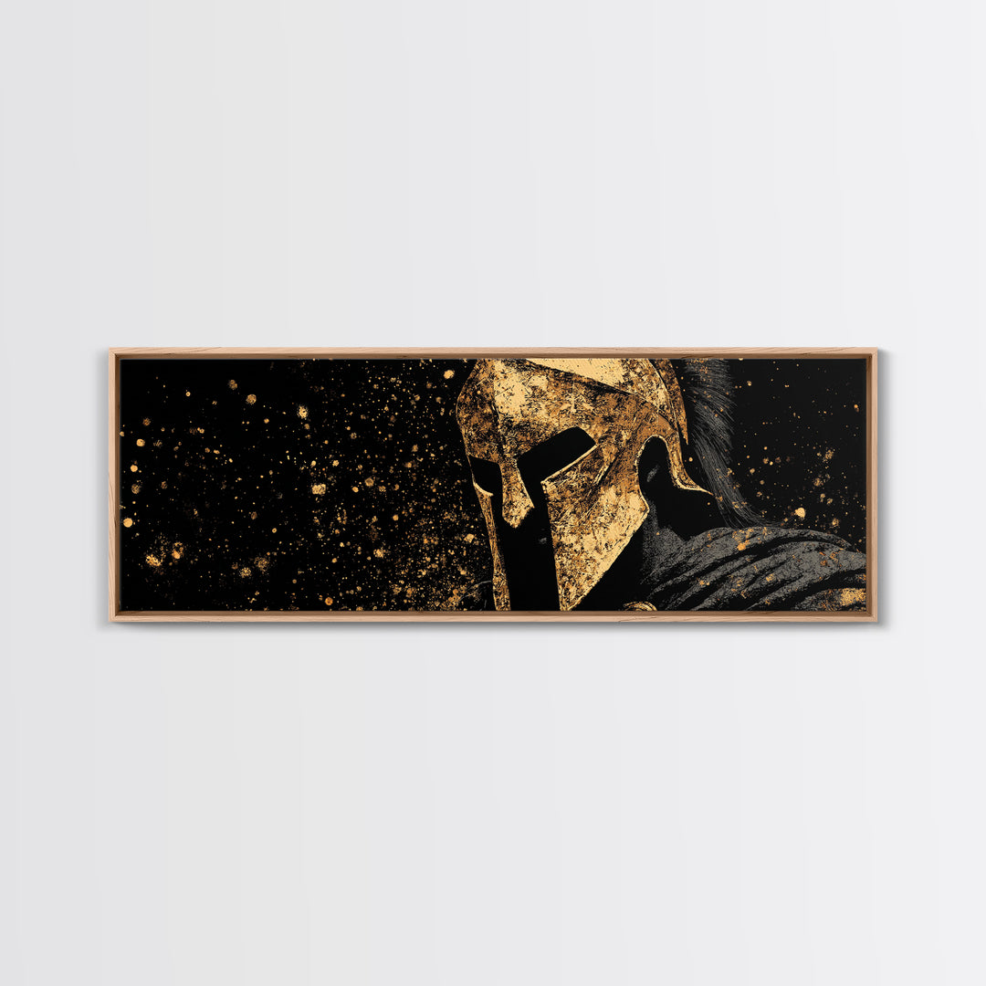 Spartan Warrior In Battle, Ancient Greek Hero Decorative Wall Artwork, Gold Canvas Print, Real Wood Frame Wall Decor