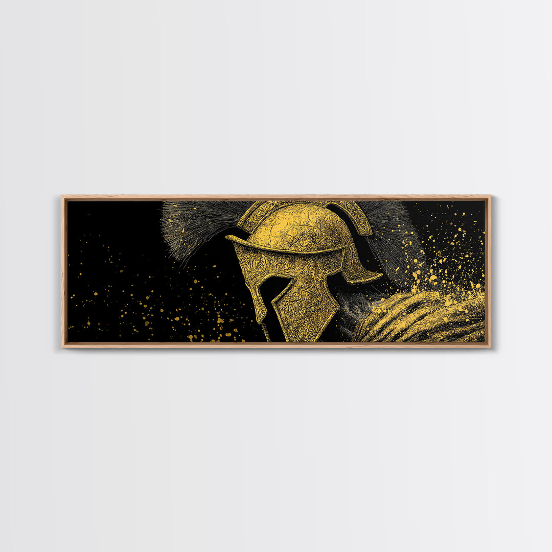 Spartan Helmet Portrait, Ancient Greek Warrior Symbolic Decorative Artwork, Gold Canvas Print, Real Wood Frame Wall Decor