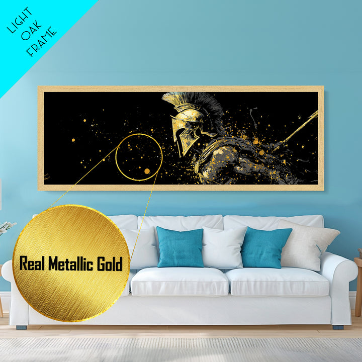 Greek Warrior In Battle Stance, Mythological Spartan Hero Decorative Artwork, Metallic Gold Metal Print, Real Wood Frame Wall Art