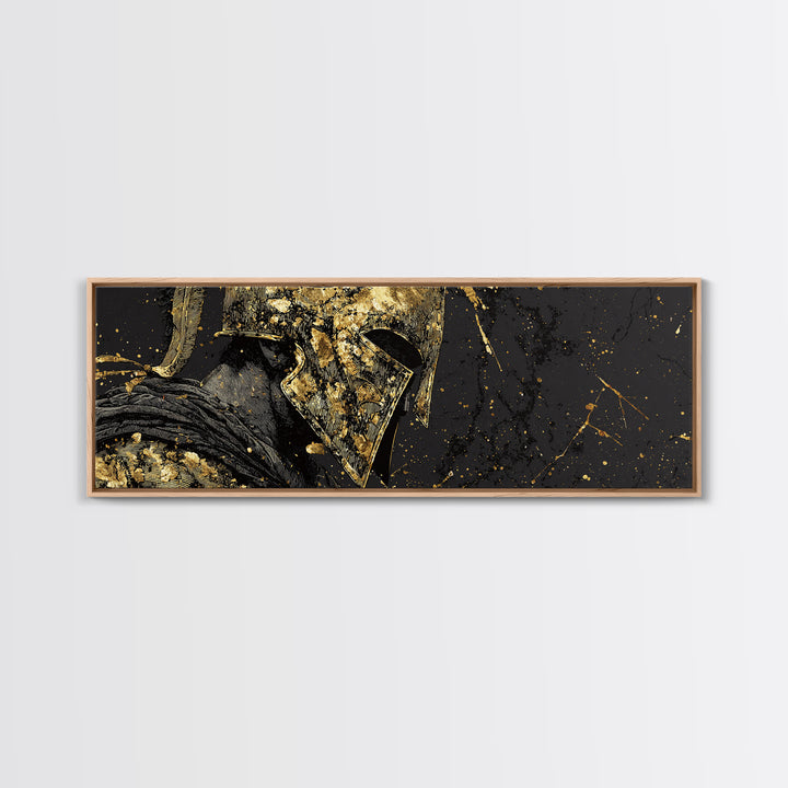 Greek Warrior Close Up, Spartan Mythological Armor Decorative Wall Artwork, Gold Canvas Print, Real Wood Frame Wall Decor