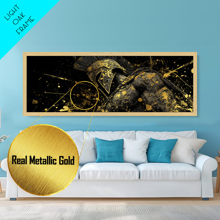 Detailed Spartan Helmet, Ancient Greek Mythological Warrior Decorative Artwork, Metallic Gold Metal Print, Real Wood Frame Wall Art
