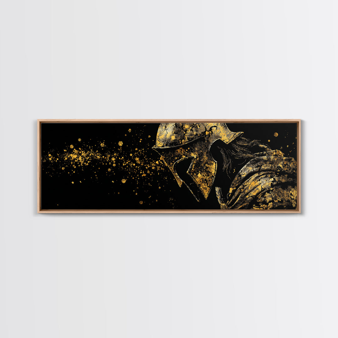 Greek Warrior With Cloak, Ancient Spartan Helmet Decorative Wall Artwork, Gold Canvas Print, Real Wood Frame Wall Decor