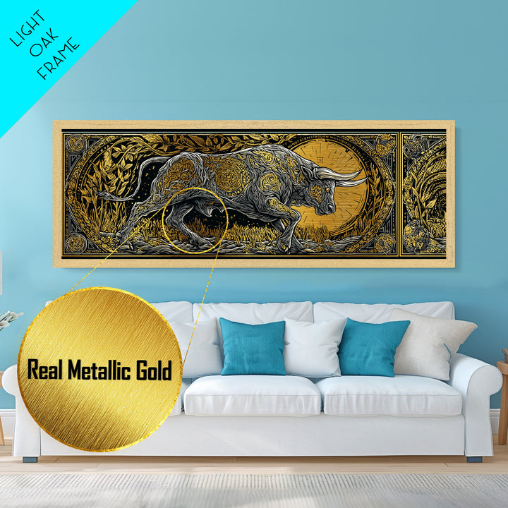 Ornamental Bull Design, Mythical Strength Symbol Wall Decor, Metallic Gold Metal Print, Real Wood Framed Art
