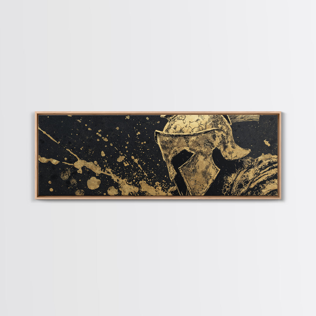 Spartan Helmet Warrior Portrait, Ancient Greek Heroic Symbol Decorative Artwork, Gold Canvas Print, Real Wood Frame Wall Decor