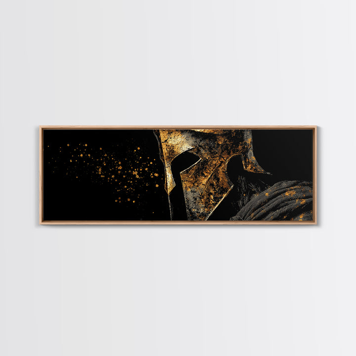Greek Warrior In Armor, Ancient Spartan Decorative Wall Artwork, Gold Canvas Print, Real Wood Frame, Mythological Wall Decor
