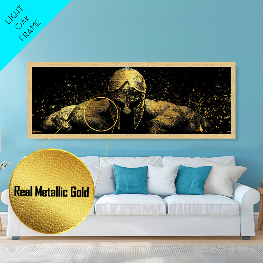 Spartan Warrior Front View, Ancient Greek Helmet Strength Symbol Decorative Artwork, Metallic Gold Metal Print, Real Wood Frame Art