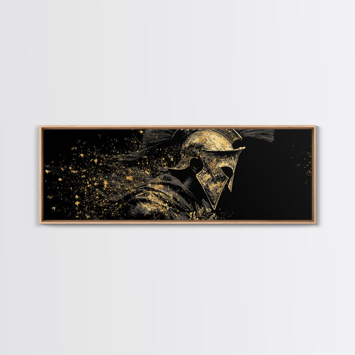 Greek Warrior Side Portrait, Ancient Spartan Helmet Mythological Decorative Artwork, Gold Canvas Print, Real Wood Frame Decor