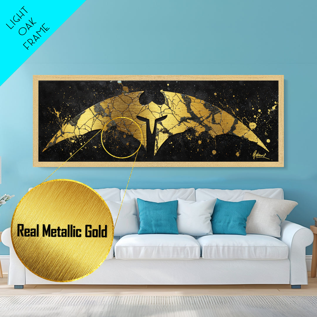 Spartan Helmet Emblem, Abstract Mythology Symbol Decorative Artwork, Metallic Gold Metal Print, Real Wood Frame Warrior Wall Art