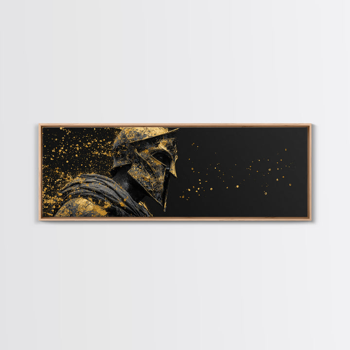 Greek Warrior Armor Detail, Spartan Hero Mythological Decorative Artwork, Gold Canvas Print, Real Wood Frame Wall Decor