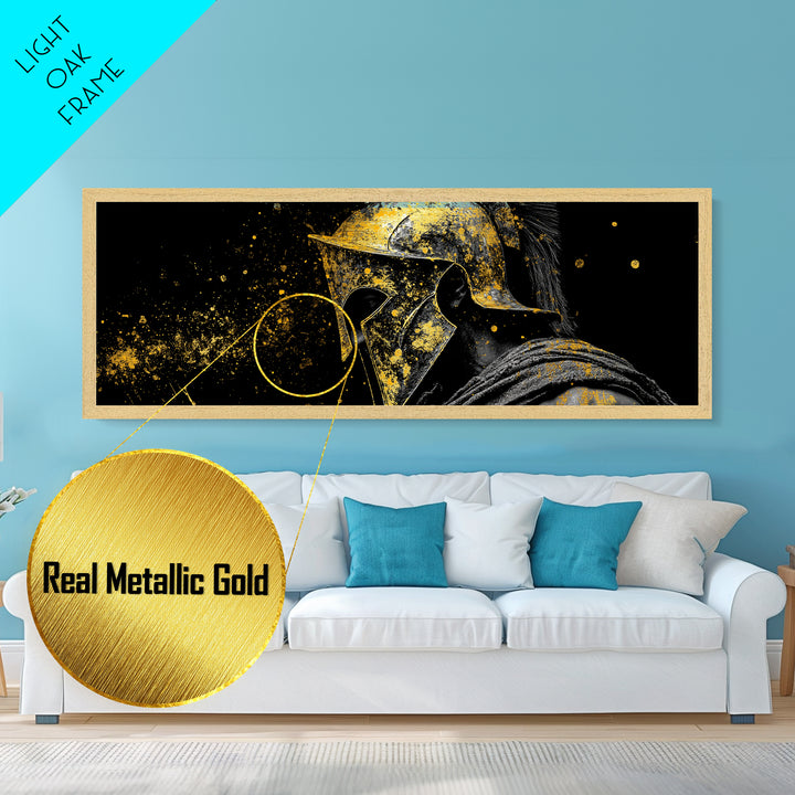 Greek Warrior Face Close Up, Spartan Helmet Intense Gaze Decorative Artwork, Metallic Gold Metal Print, Real Wood Frame Wall Art