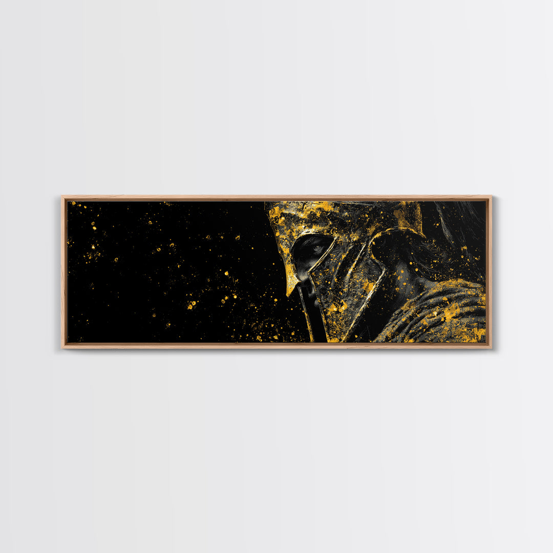 Spartan Helmet Warrior Portrait, Ancient Greek Armor Decorative Artwork, Gold Canvas Print, Real Wood Frame Wall Decor