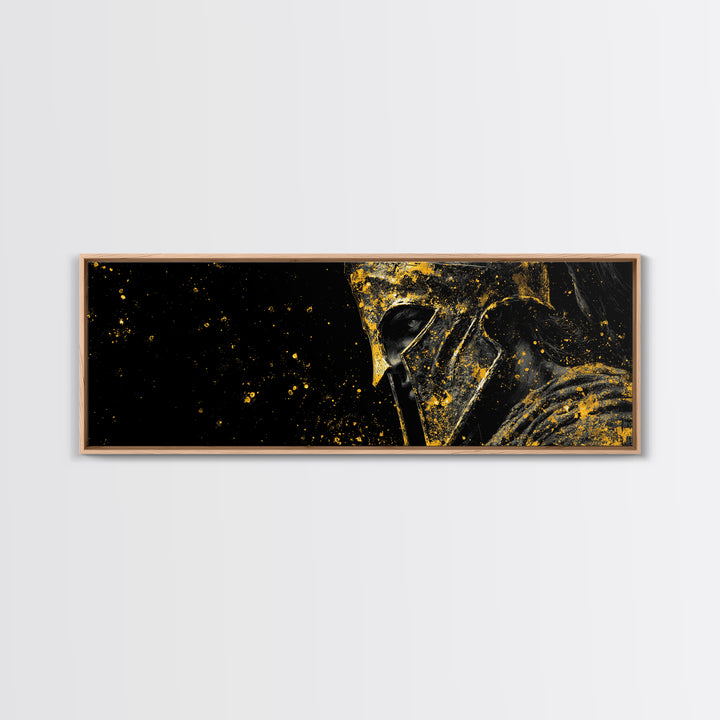 Spartan Helmet Warrior Portrait, Ancient Greek Armor Decorative Artwork, Gold Canvas Print, Real Wood Frame Wall Decor
