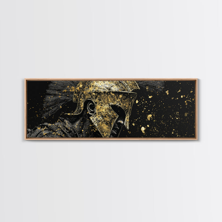Greek Warrior Side View, Ancient Spartan Helmet With Cloak Decorative Artwork, Gold Canvas Print, Real Wood Frame Wall Decor