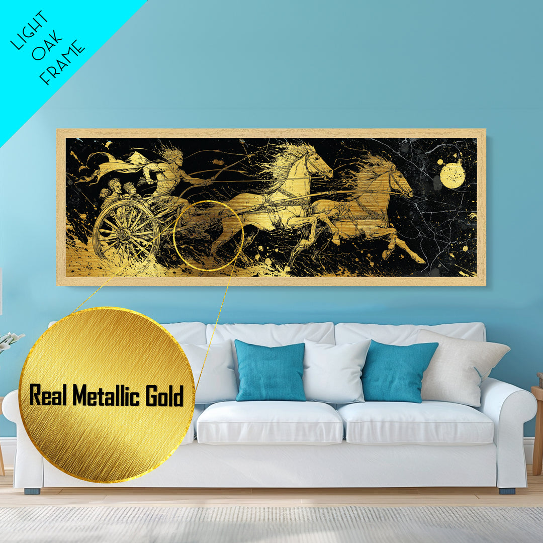 Ancient Chariot Rider, Mythical Warrior Battle Scene Wall Decor, Metallic Gold Metal Print, Real Wood Frame Art