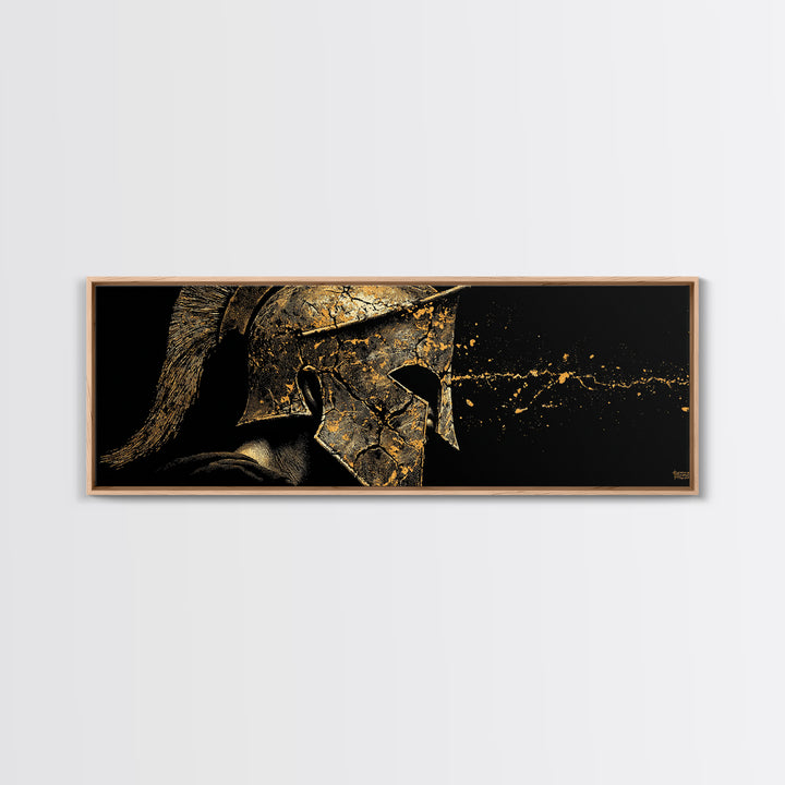 Spartan Warrior Detailed Helmet, Ancient Greek Hero Symbolic Decorative Artwork, Gold Canvas Print, Real Wood Frame Wall Decor