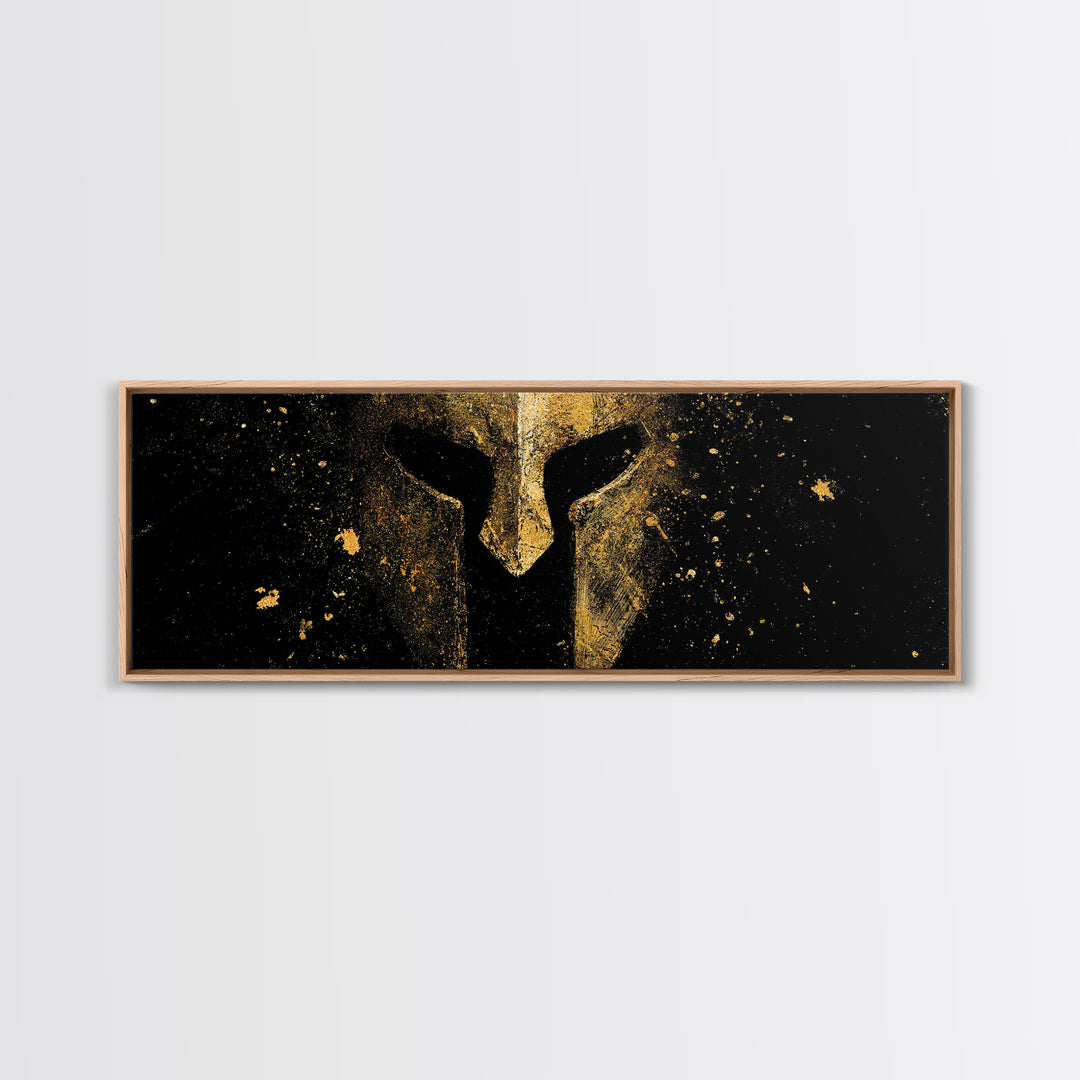 Greek Helmet Front Portrait, Spartan Warrior Decorative Mythological Artwork, Gold Canvas Print, Real Wood Frame Wall Art