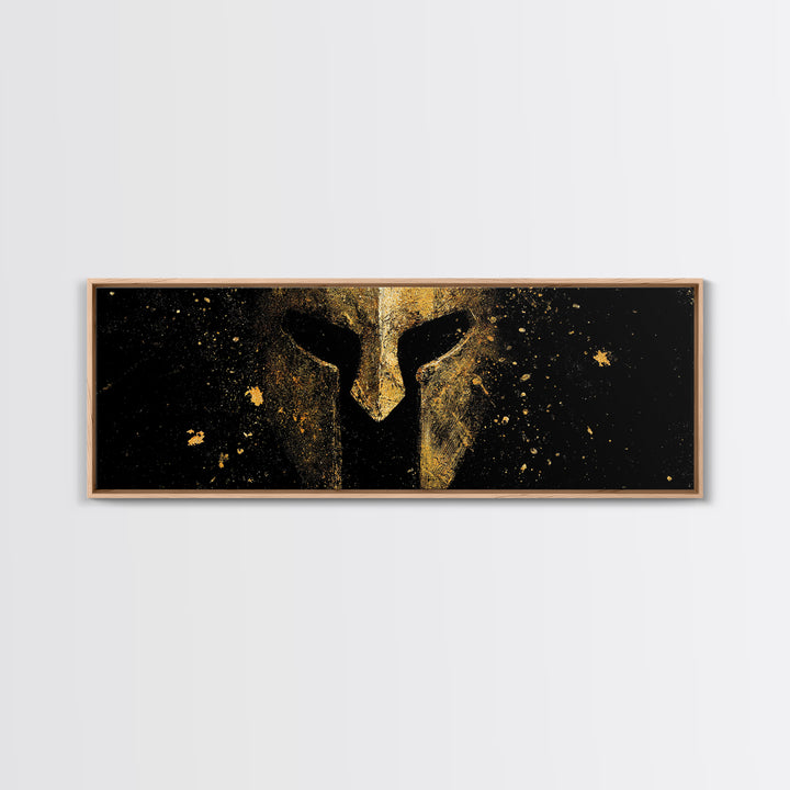 Greek Helmet Front Portrait, Spartan Warrior Decorative Mythological Artwork, Gold Canvas Print, Real Wood Frame Wall Art