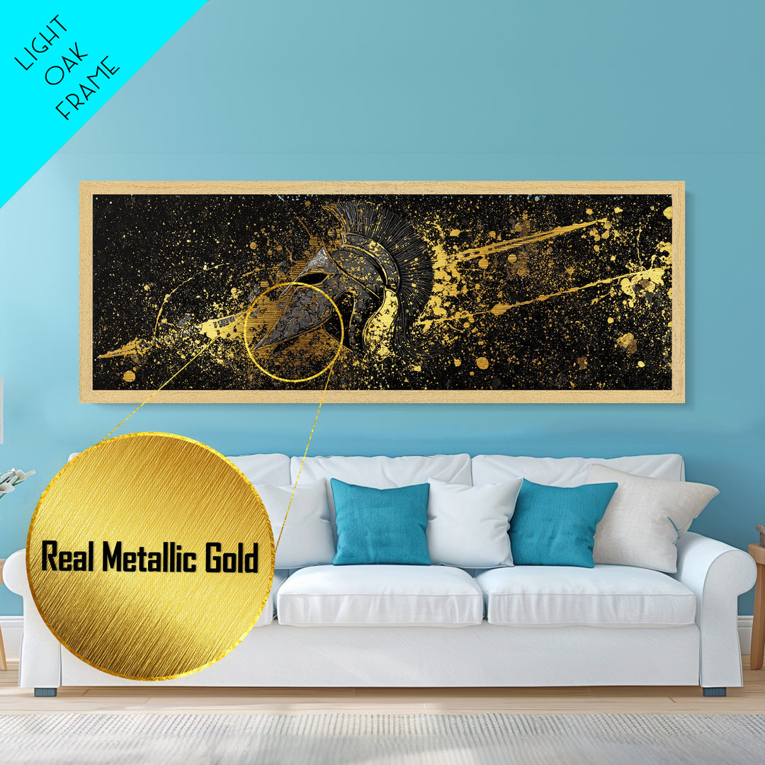 Spartan Helmet Splatter Artwork, Ancient Greek Warrior Mythological Symbol Decorative Art, Metallic Gold Metal Print, Real Wood Frame