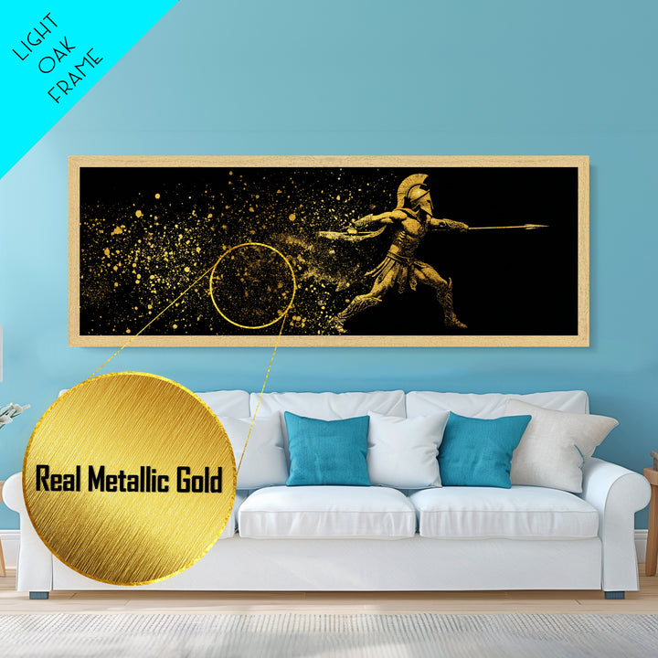 Greek Warrior With Spear, Ancient Spartan Heroic Battle Scene Decorative Artwork, Metallic Gold Metal Print, Real Wood Frame Wall Art