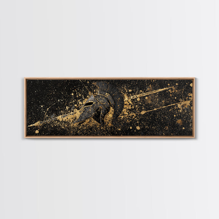 Spartan Helmet Warrior Portrait, Ancient Greek Hero Symbol Decorative Artwork, Gold Canvas Print, Real Wood Frame Mythology Art