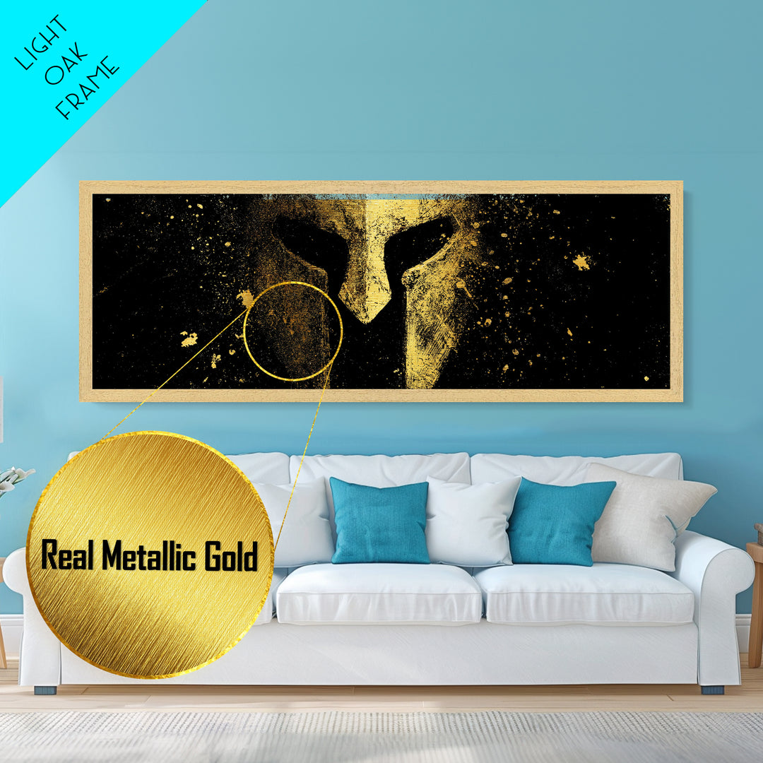 Spartan Helmet Close Detail, Ancient Greek Warrior Decorative Mythological Artwork, Metallic Gold Metal Print, Real Wood Frame Wall Art